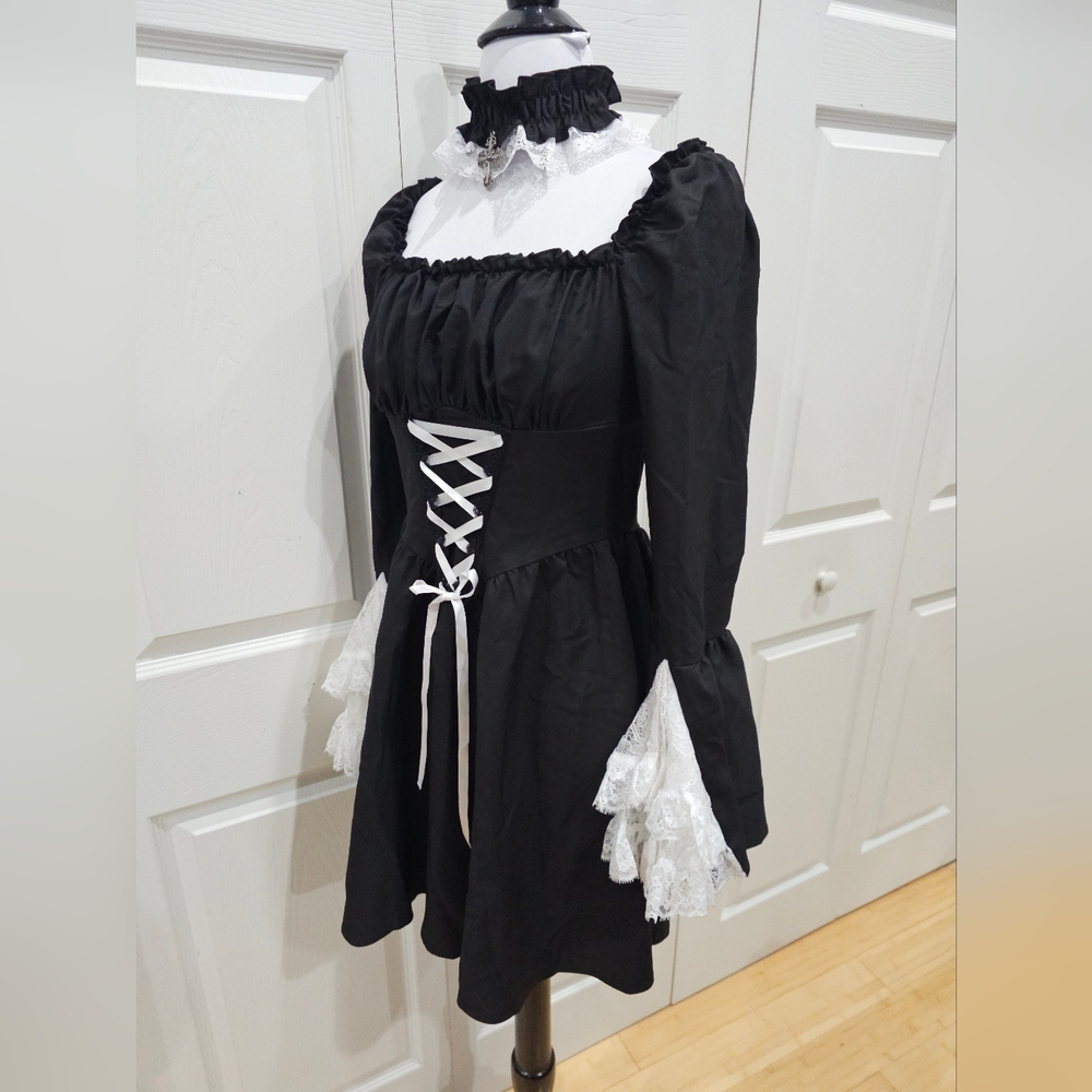 Dolls Kill Dark In Love Black & White Lace Goth Witchy Lace Up Mini Dress M - Picture 7 of 11